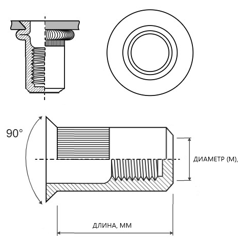 Заклепка резьбовая потайной бортик закрытая М10-С (длина 30,5mm) А2