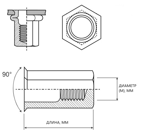 Заклепка резьбовая уменьшенный бортик закрытая шестигранная M4 (Длина 16mm) St/Zn